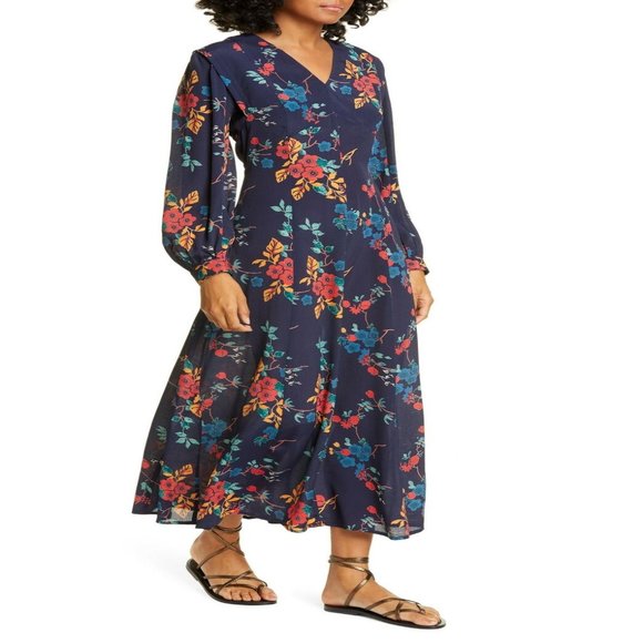 SEA New York Mari Floral Midi Dress Navy Blue V-Neck Long Sleeve Size 6 H12689 - Picture 10 of 10
